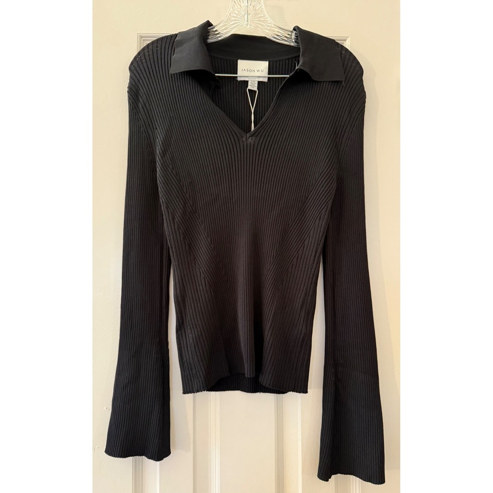 Jason Wu Black Ribbed Knit Polo Top V-Neck Button Cuff Long Sleeve Large NWT